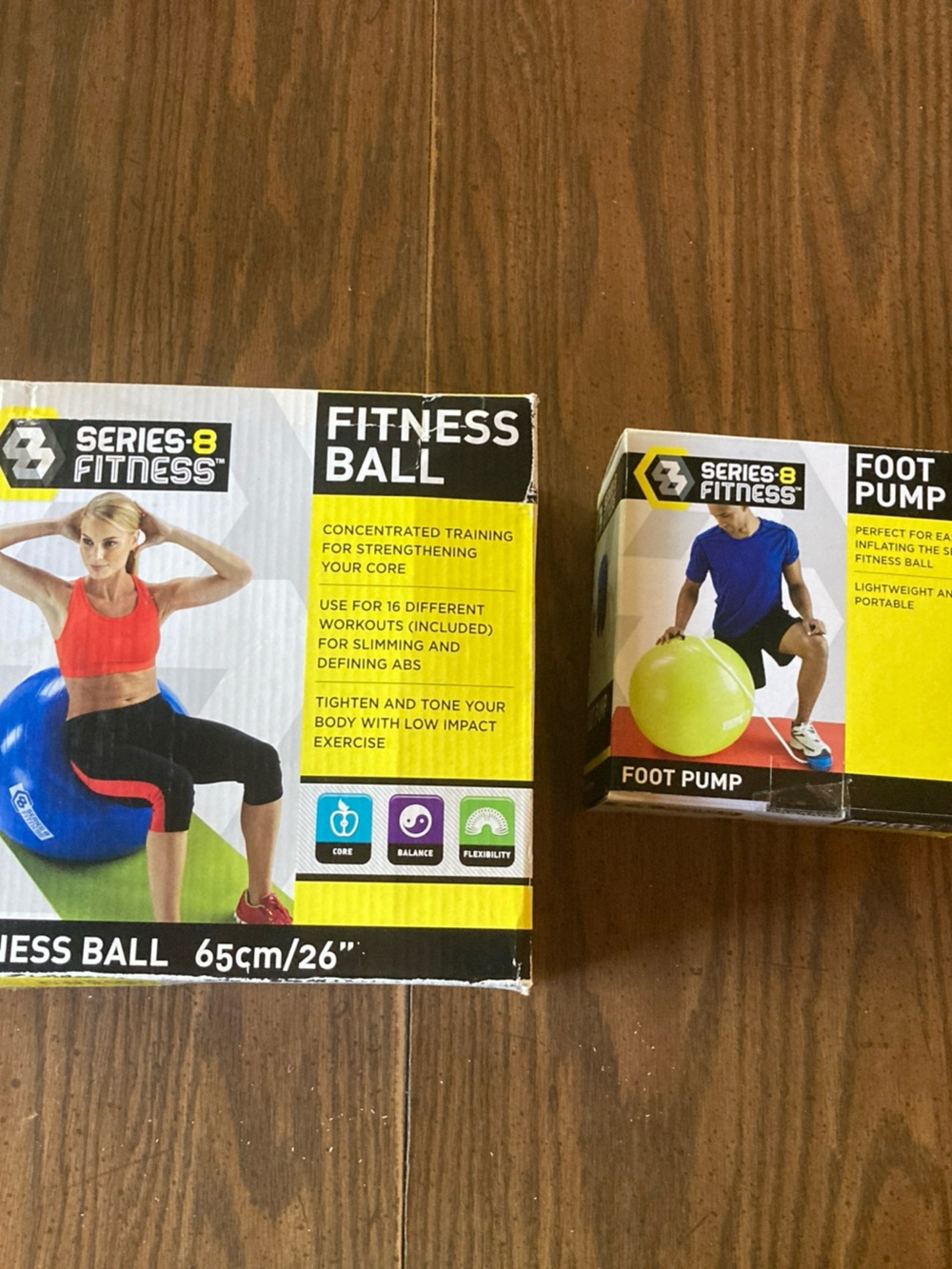 Series-8 blue fitness ball and foot pump. NEW open box